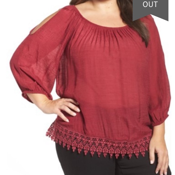bobeau Tops - Bobeau Cold Shoulder Lace Trim Top purple 2x